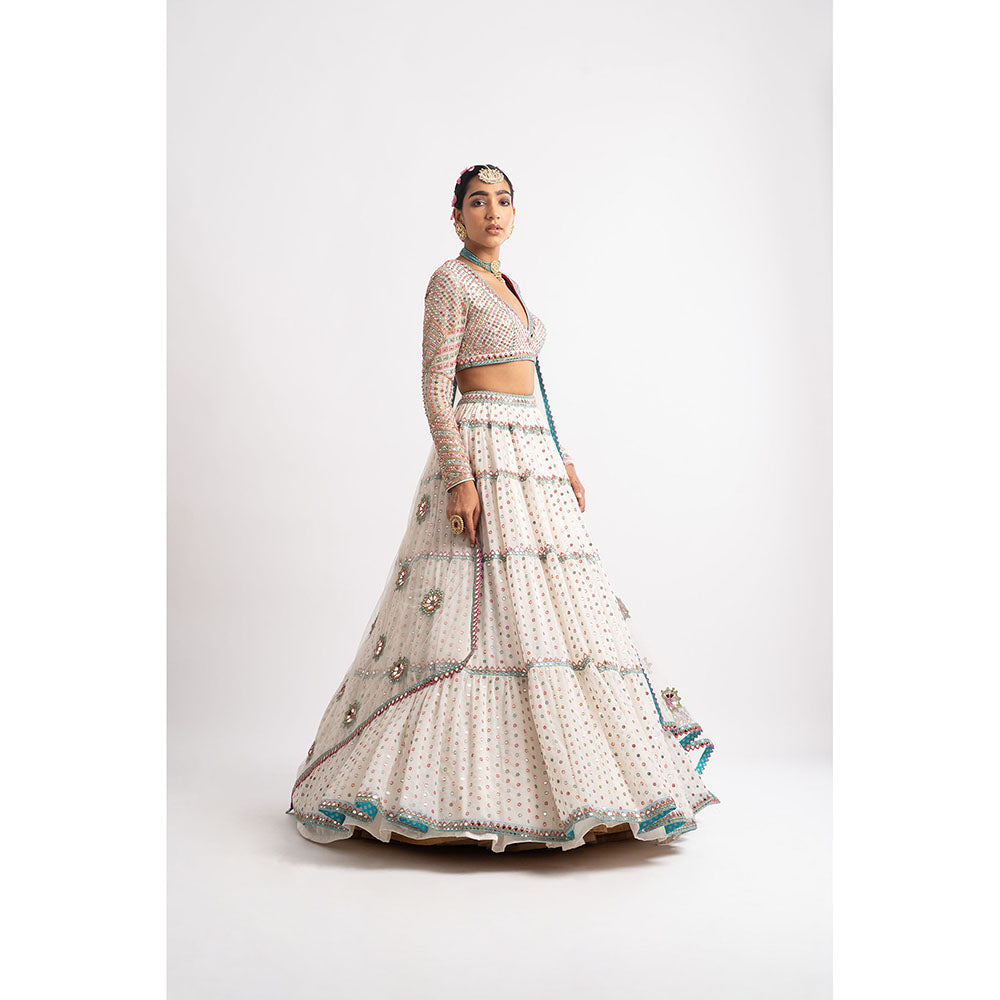 Vvani by Vani Vats White Multi Tier Blouse with Lehenga & Dupatta (Set of 3)