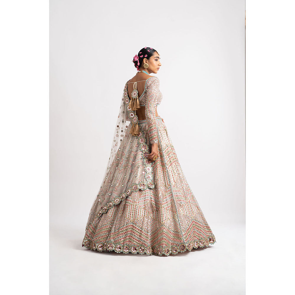 Vvani by Vani Vats White Heavy Multi Geo Color Blouse with Lehenga & Dupatta (Set of 3)