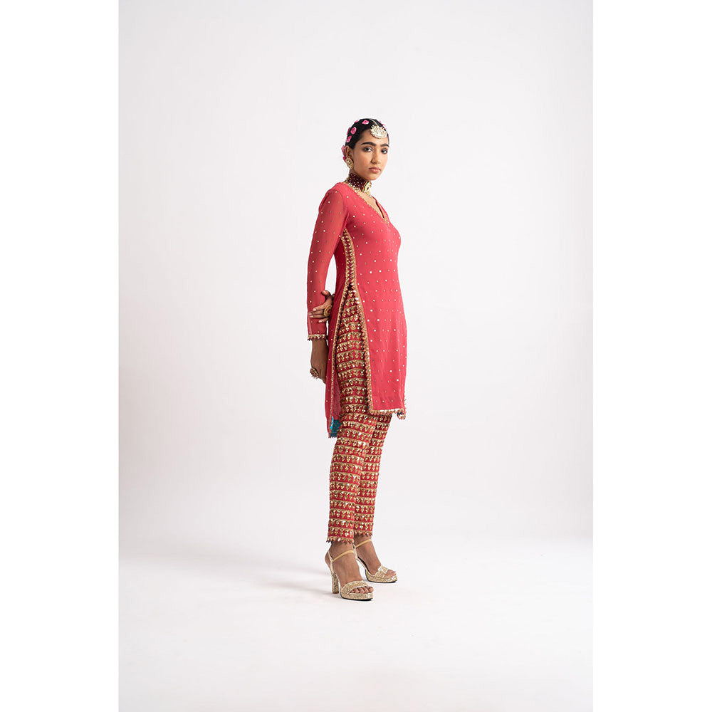 Vvani by Vani Vats Deep Coral V Neck Heavy Kurta & Pant (Set of 2)