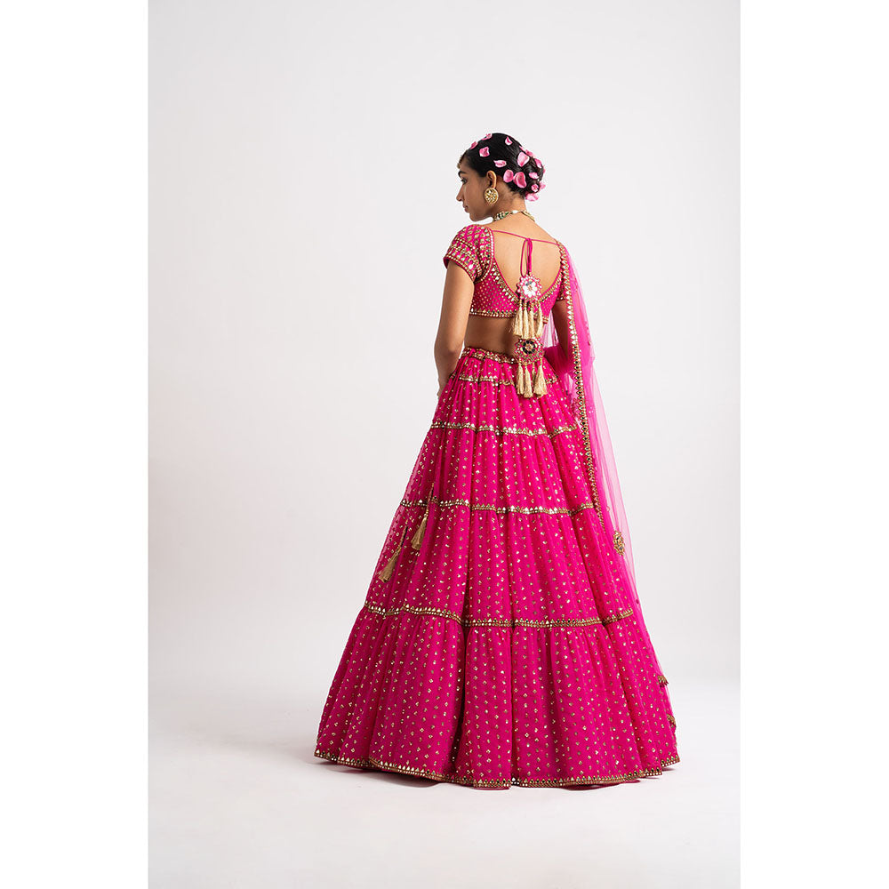Vvani by Vani Vats Fuchsia Tier Blouse with Lehenga & Dupatta (Set of 3)