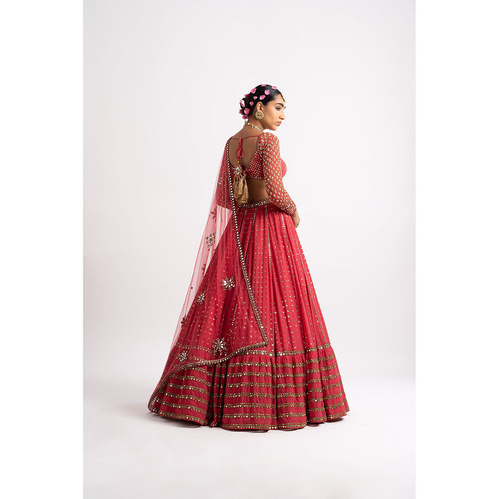Vvani by Vani Vats Deep Coral Single Tier Blouse with Lehenga & Dupatta (Set of 3)