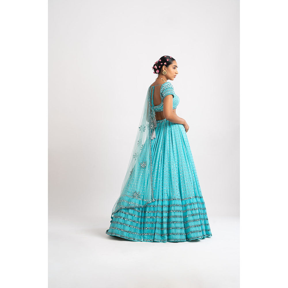 Vvani by Vani Vats Mint Blue Single Tier Blouse with Lehenga & Dupatta (Set of 3)