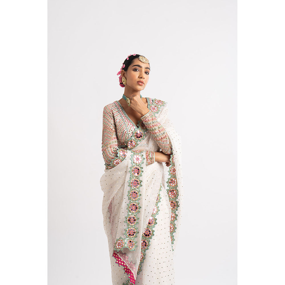Vvani by Vani Vats White Hand Cut Mirror Border Saree & Stitched Blouse