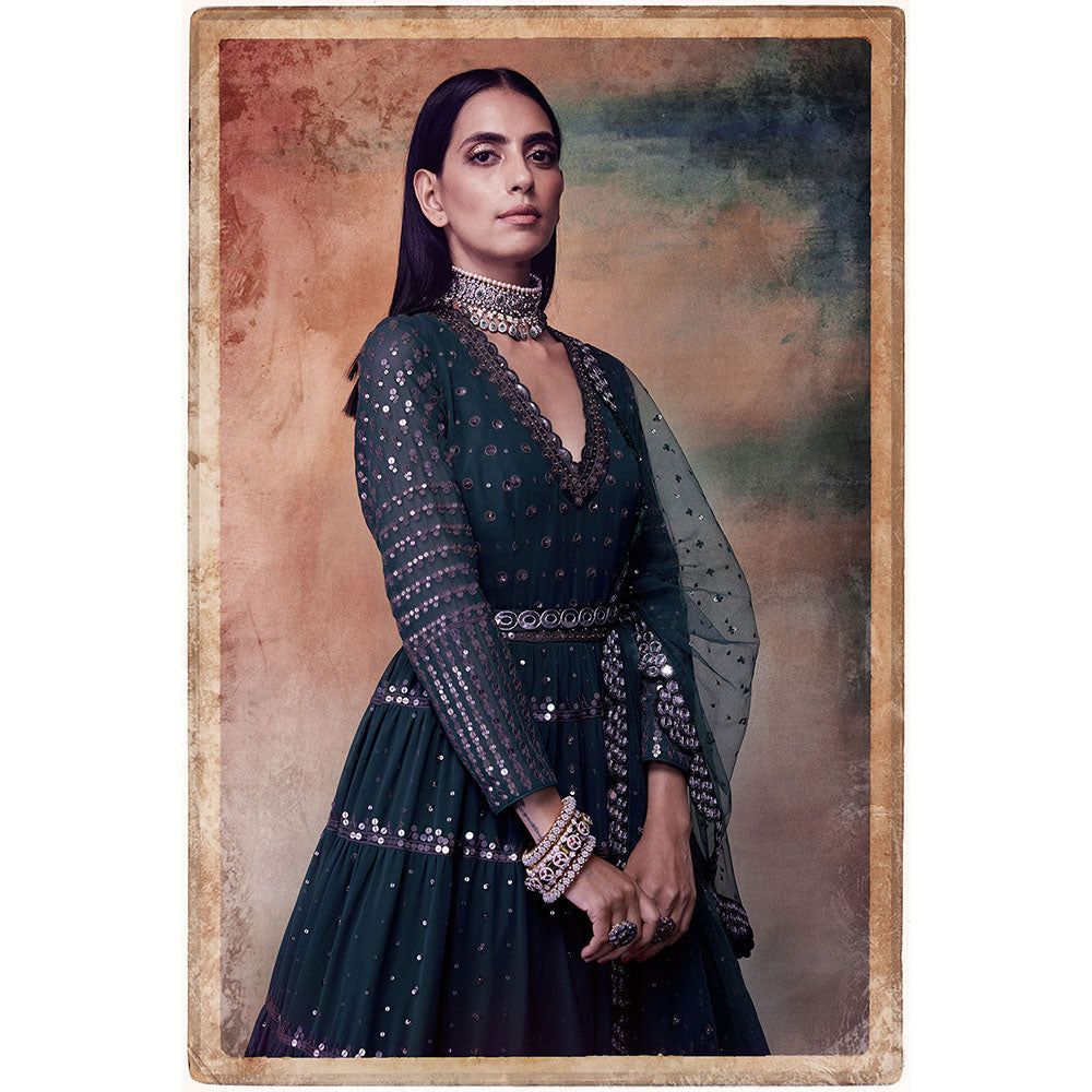 Vvani by Vani Vats Dark Teal Green Tier Anarkali Kurta with Dupatta & Belt (Set of 3)