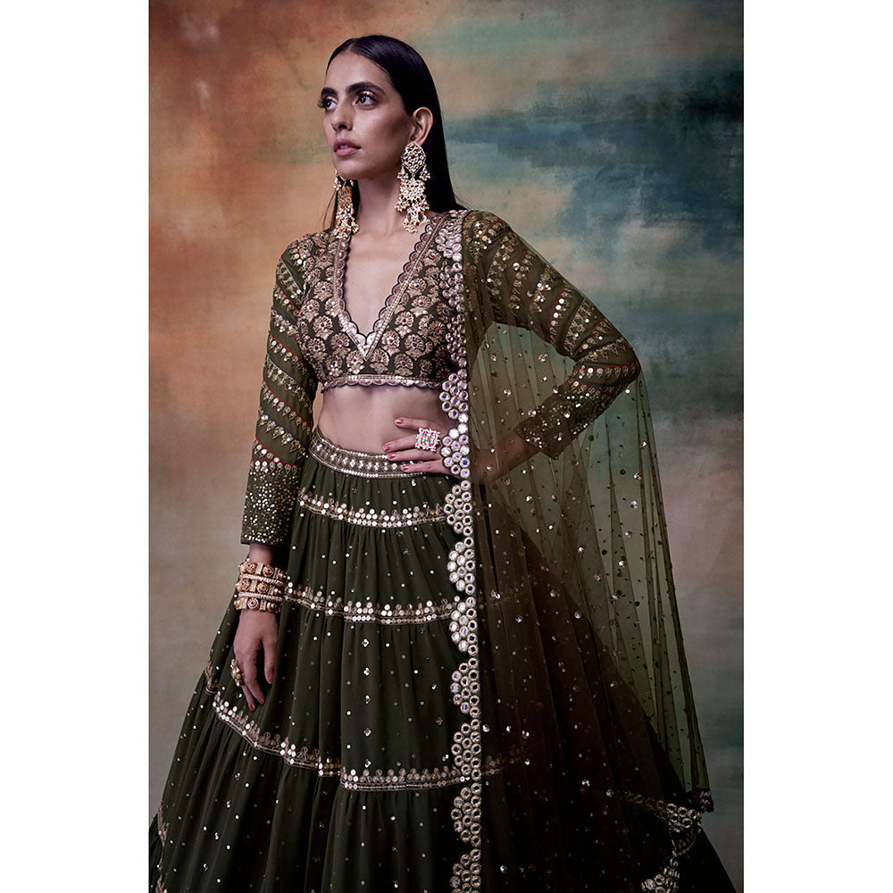 Vvani by Vani Vats Olive Green Tier Blouse with Lehenga & Dupatta (Set of 3)