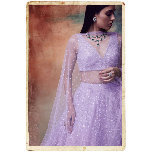 Vvani by Vani Vats Powder Lilac Sequined Blouse with Lehenga & Dupatta (Set of 3)