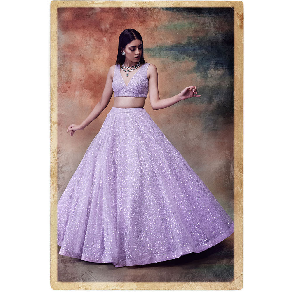Vvani by Vani Vats Powder Lilac Sequined Blouse with Lehenga & Dupatta (Set of 3)