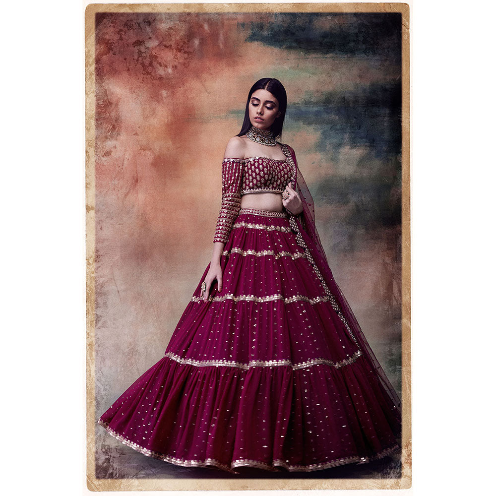 Vvani by Vani Vats Maroon Off Shoulder Tier Blouse with Lehenga & Dupatta (Set of 3)