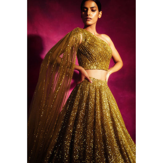 Vvani by Vani Vats Dull Gold One Shoulder Veil Blouse & Lehenga (Set of 2)