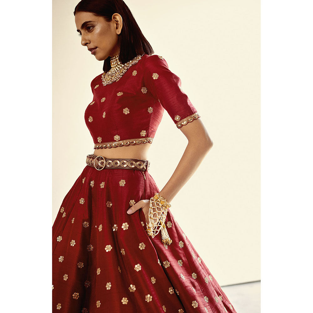 Vvani by Vani Vats Gradation Flower Crop Top & Skirt with Belt (Set of 3)