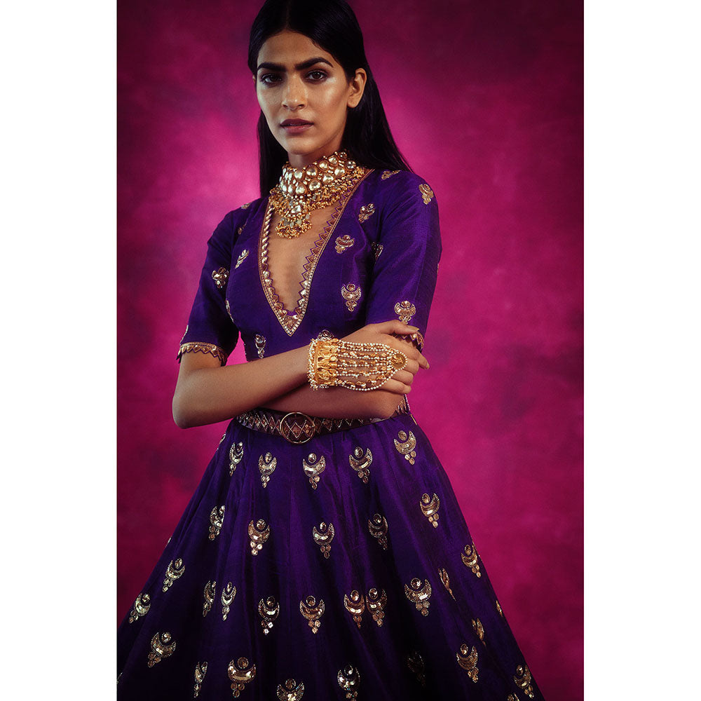 Vvani by Vani Vats Purple Chand Boota Crop Top & Skirt with Belt (Set of 3)