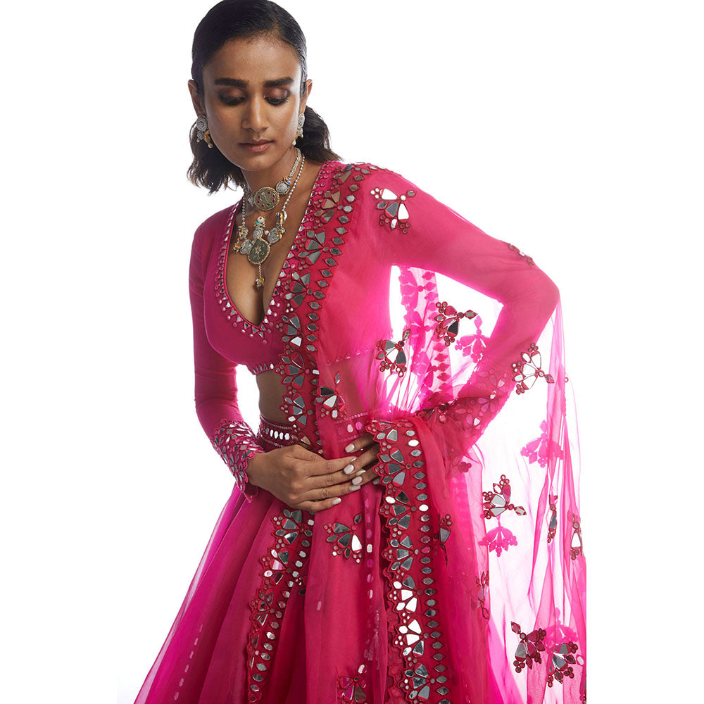 Vvani by Vani Vats Peacock Pink Mirror Cutwork Blouse with Lehenga & Dupatta (Set of 3)