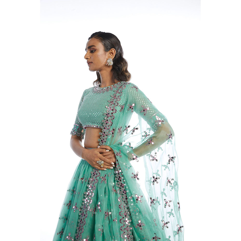 Vvani by Vani Vats Dull Mint Kinfe Pleated Blouse with Lehenga & Dupatta (Set of 3)