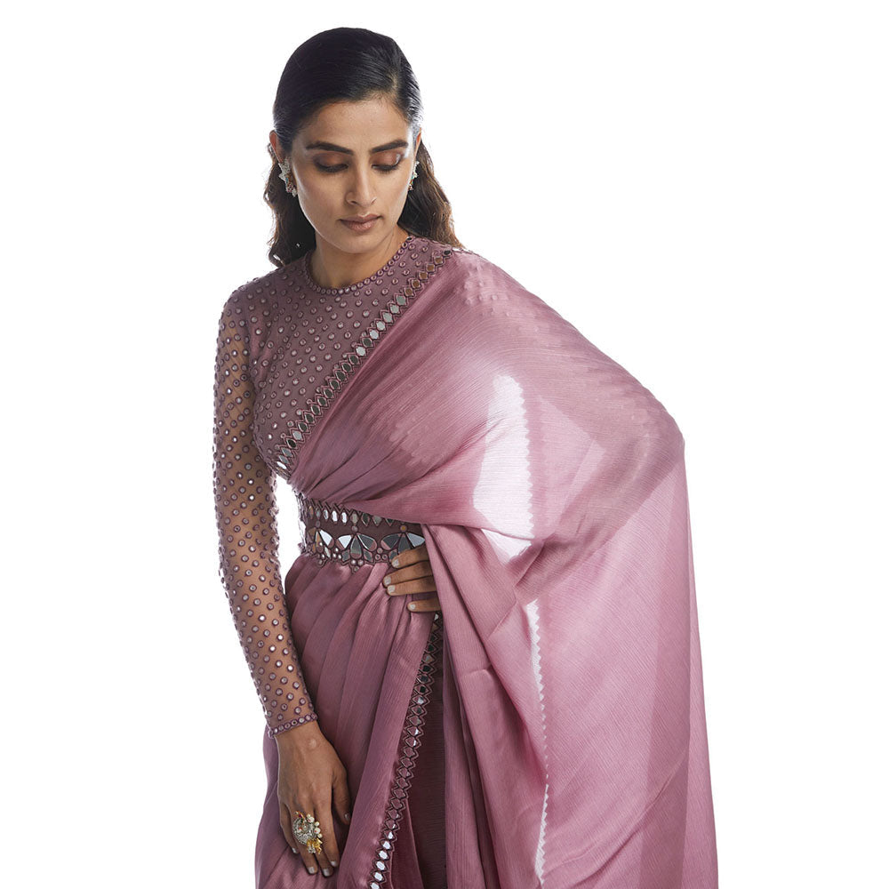 Vvani by Vani Vats Old Rose Satin Chiffon Saree with Stitched Blouse and Belt
