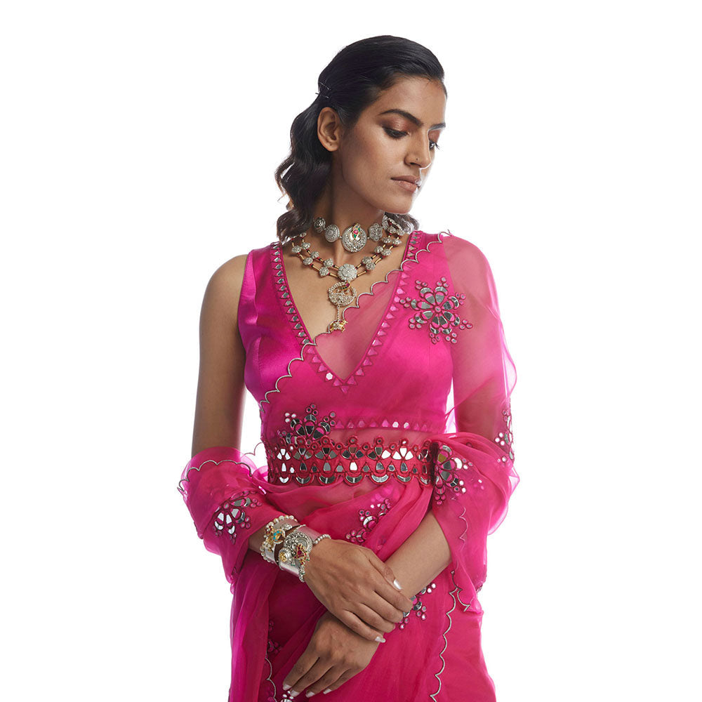 Vvani by Vani Vats Peacock Pink Mirror Cutwork Saree with Stitched Blouse and Belt