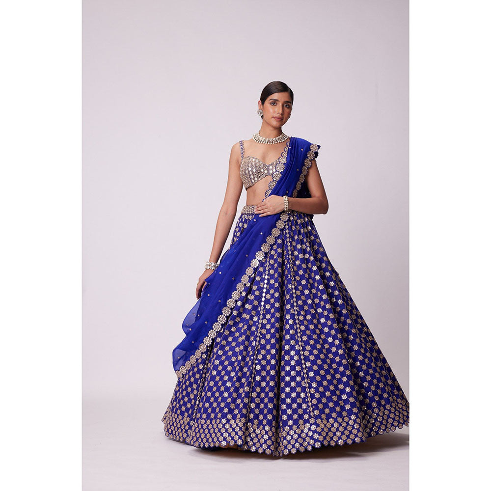 Vvani by Vani Vats Persian Blue Flower Lehenga with Blouse and Dupatta (Set of 3)