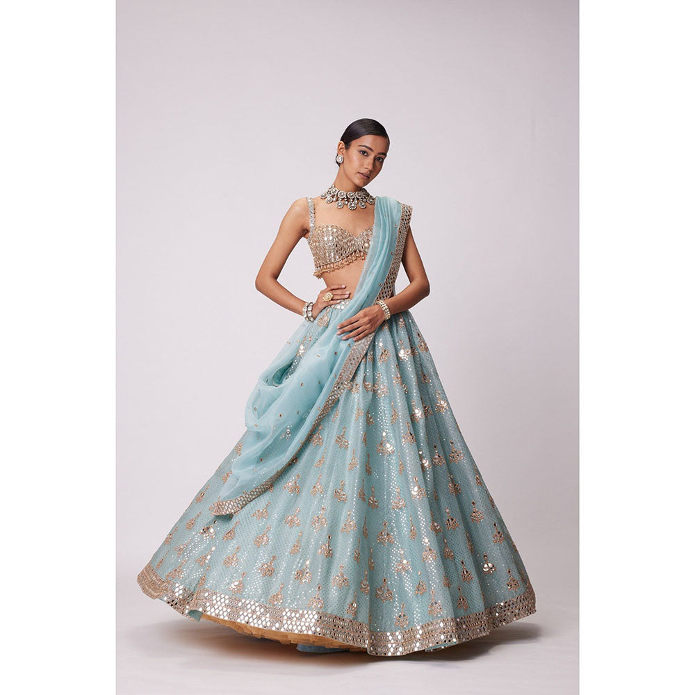 Vvani by Vani Vats Blue Embroidered Lehenga with Blouse and Dupatta (Set of 3)