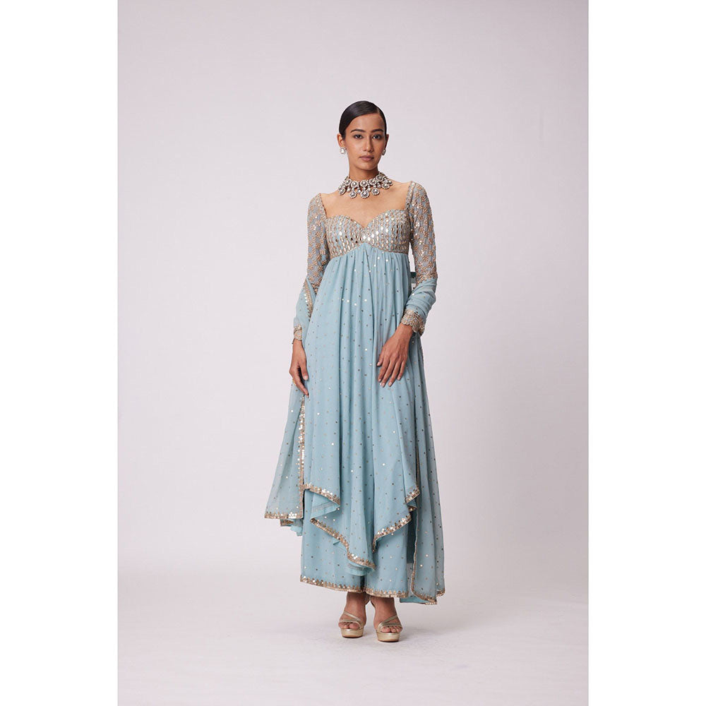 Vvani by Vani Vats Blue High Low Kurta with Palazzo and Dupatta (Set of 3)