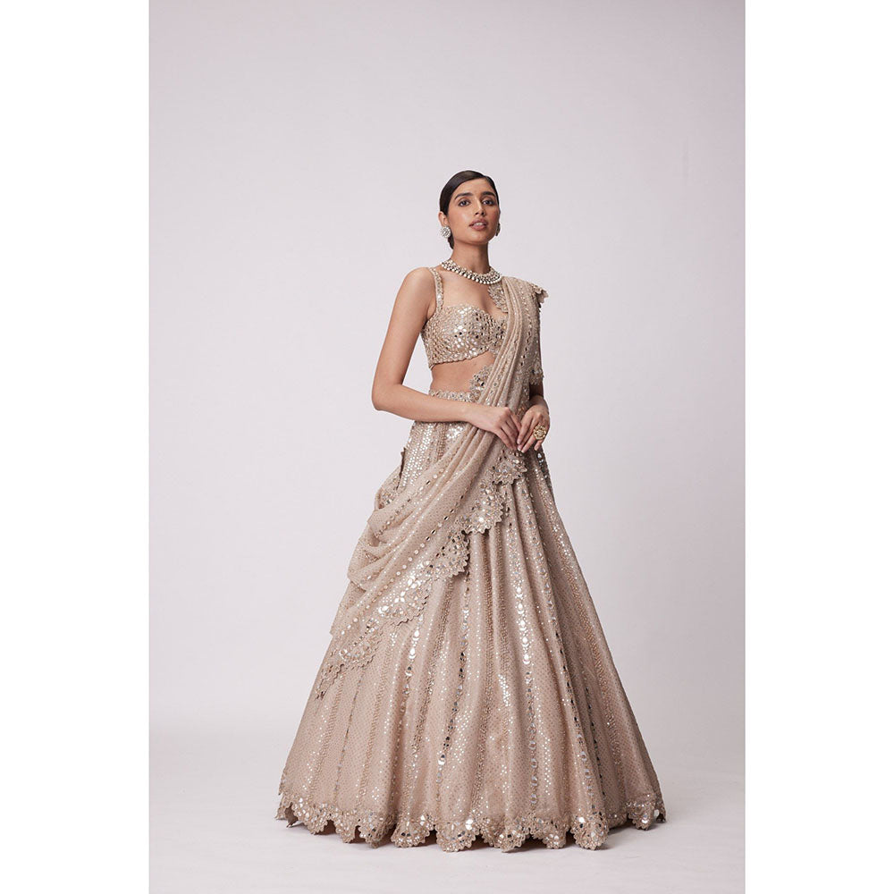 Vvani by Vani Vats Beige Embroidered Lehenga with Blouse and Dupatta (Set of 3)