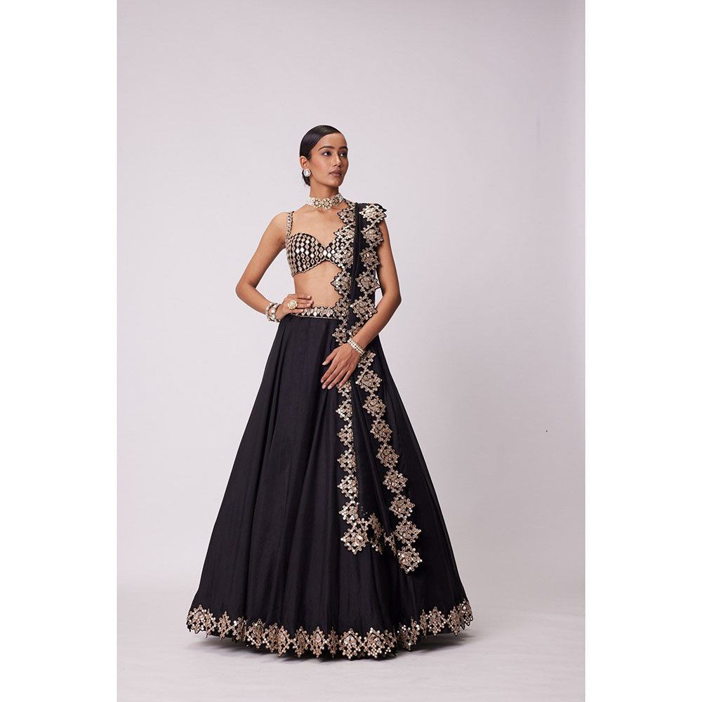 Vvani by Vani Vats Black Embroidered Lehenga with Blouse and Dupatta (Set of 3)