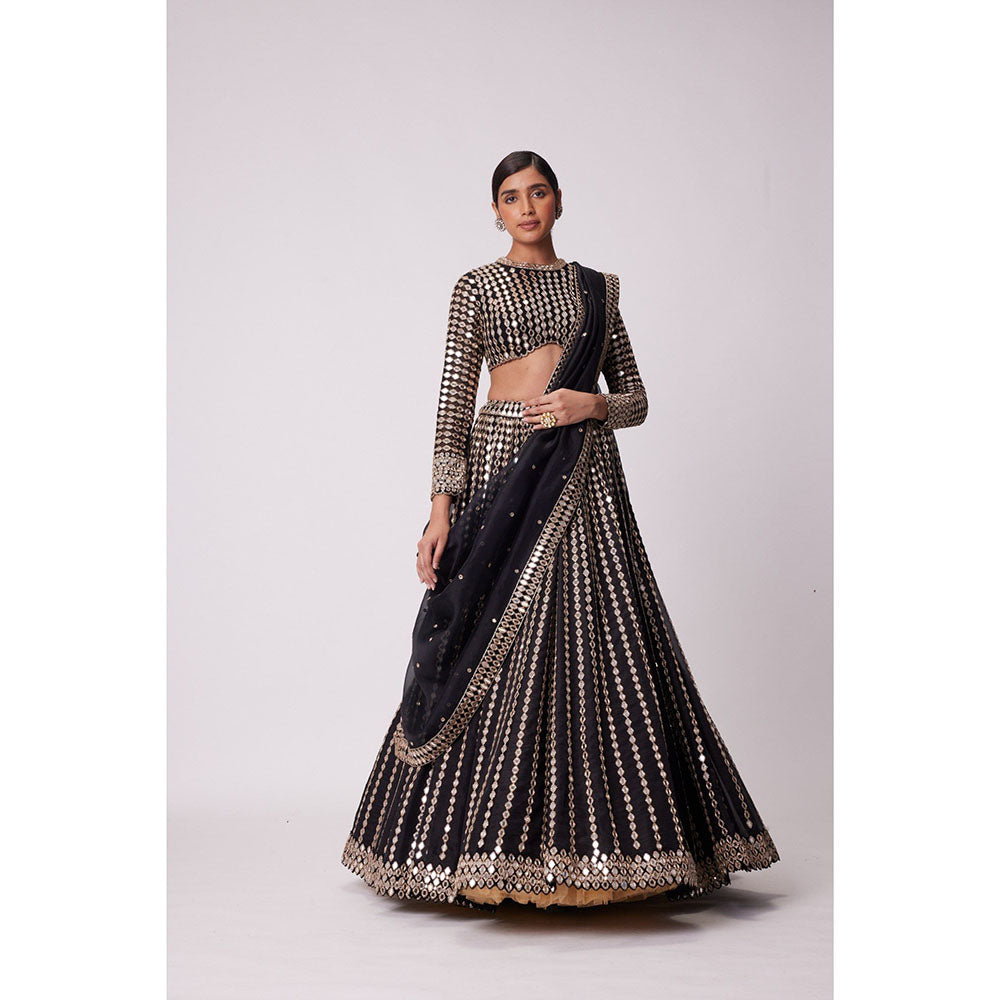 Vvani by Vani Vats Black Linear Mirror Lehenga with Blouse and Dupatta (Set of 3)