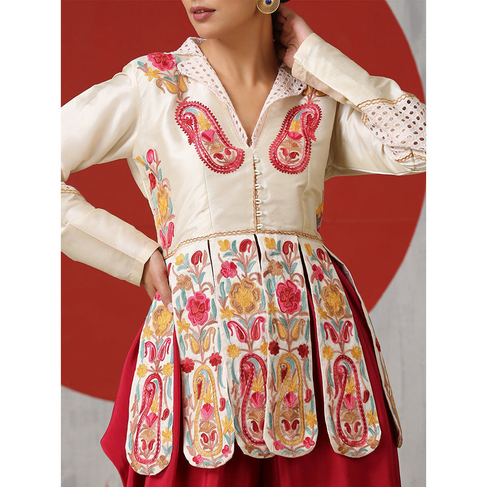 WAZIR C Off White Flared Silk Tunic with Red Tulip Pants. (Set of 2)