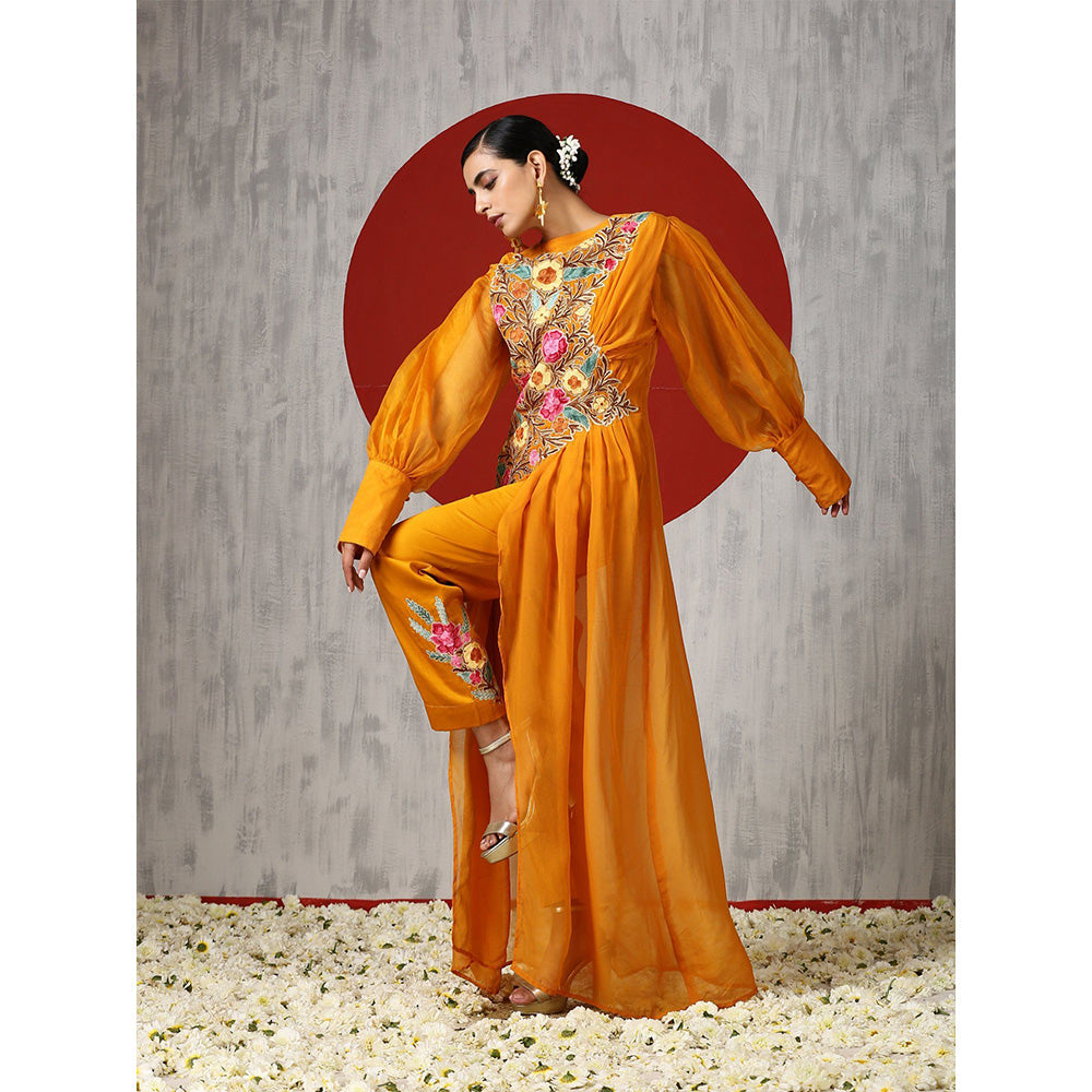 WAZIR C Mustard Top Straight Fit Pants with Drape (Set of 3)