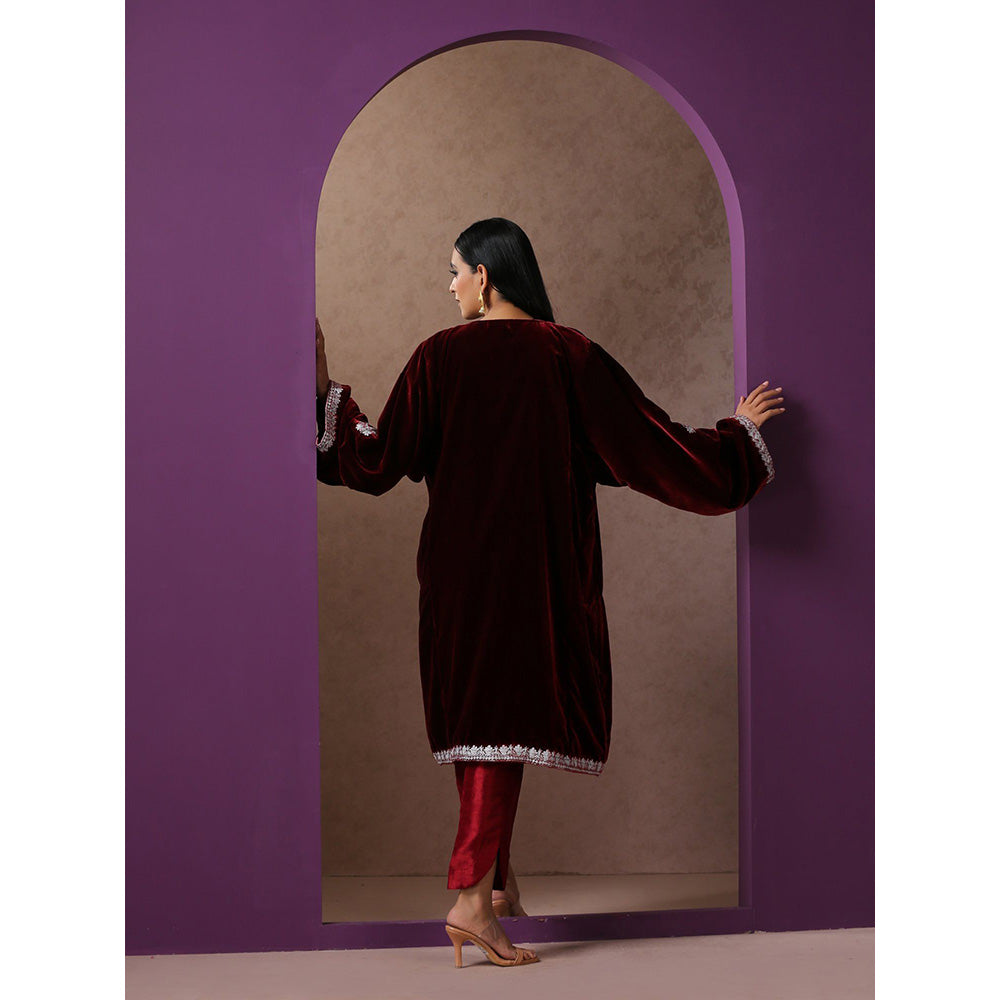WAZIR C Maroon Pheran with Pant (Set of 2)