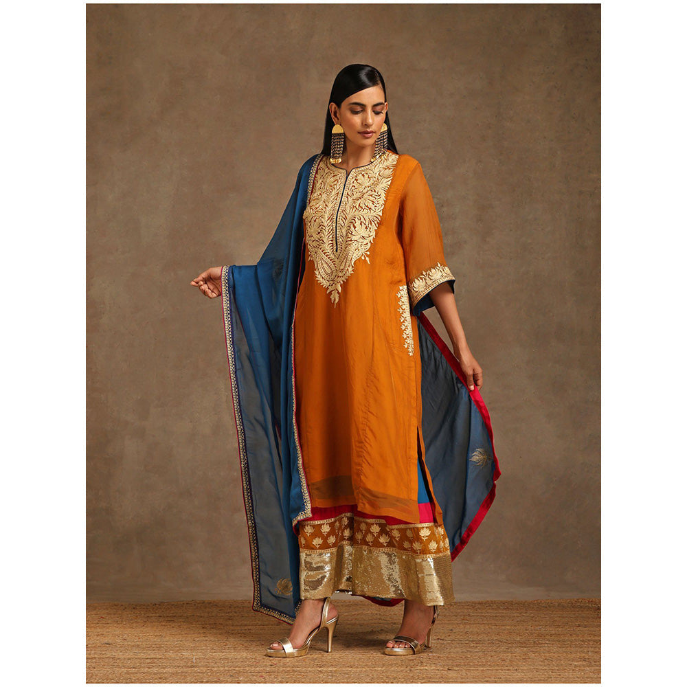 WAZIR C Mustard And Blue Kurta with Pant & Dupatta (Set of 3)