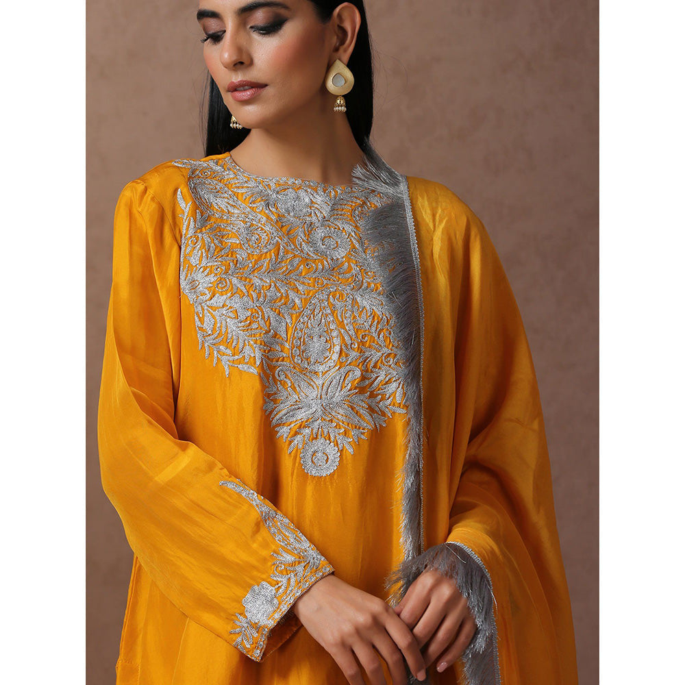 WAZIR C Mustard Kurta with Bell Bottom Pant & Dupatta (Set of 3)