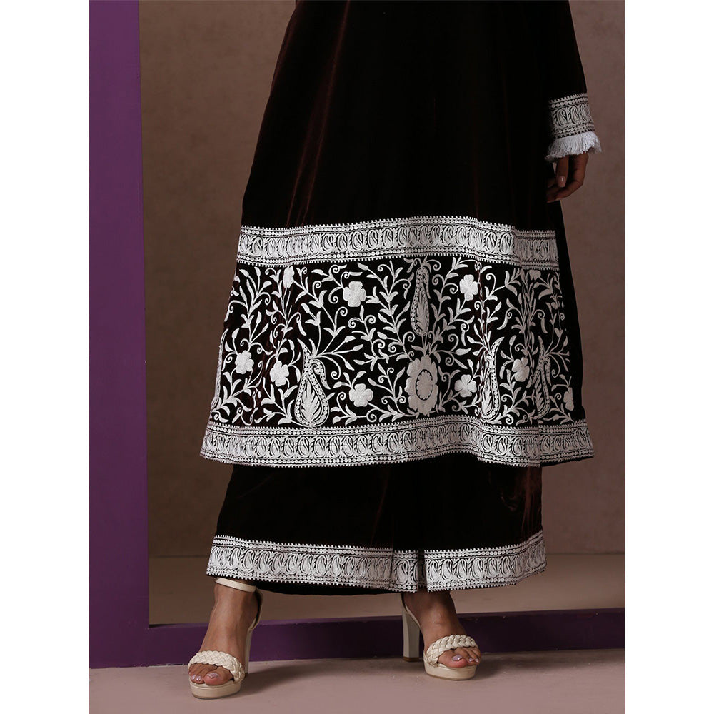 WAZIR C Brown And White Kurta with Flared Pant & Dupatta (Set of 3)