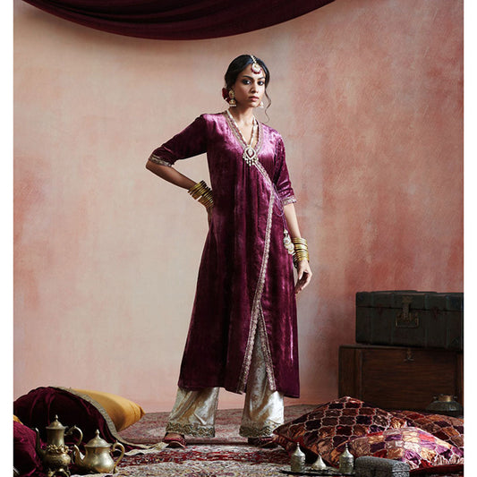 WeaverStory Wine Hand Embroidered Angarkha with Beige Farshi (Set of 2)