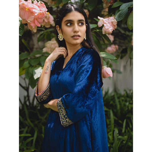 WeaverStory Navy Blue Hand Embroidered Kurta & Salwar (Set of 2)