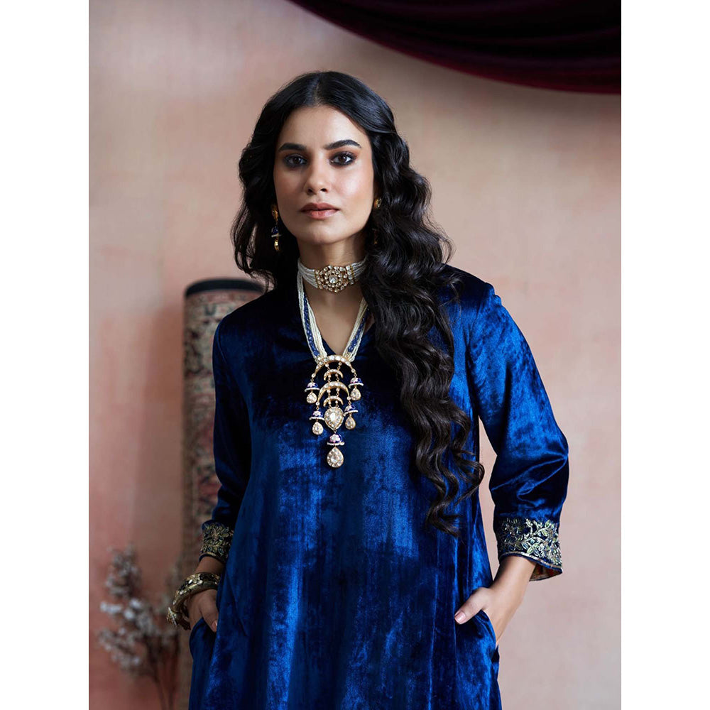 WeaverStory Navy Blue Hand Embroidered Kurta & Salwar (Set of 2)