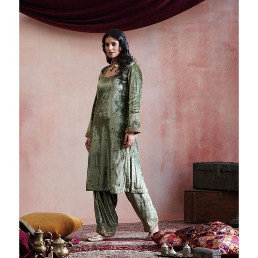 WeaverStory Olive Green Hand Embroidered Kurta with Salwar & Peach Organza Dupatta (Set of 3)