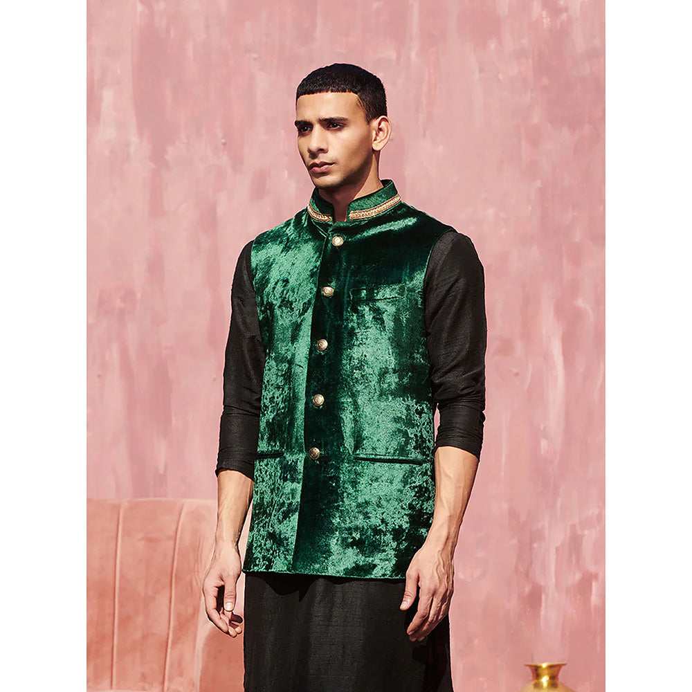 WeaverStory Dark Green Velvet Handcrafted Nehru Jacket