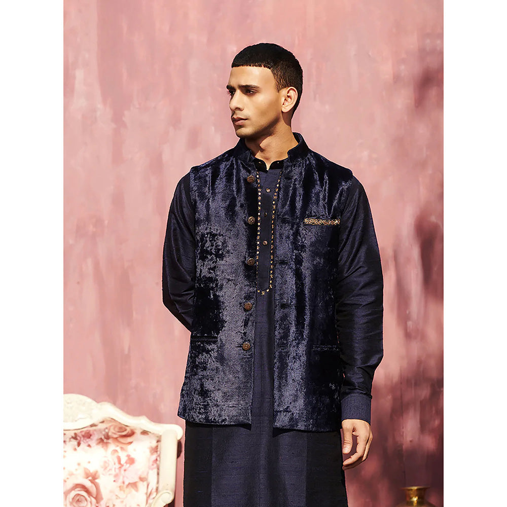 WeaverStory Dark Blue Velvet Stitched Nehru Jacket