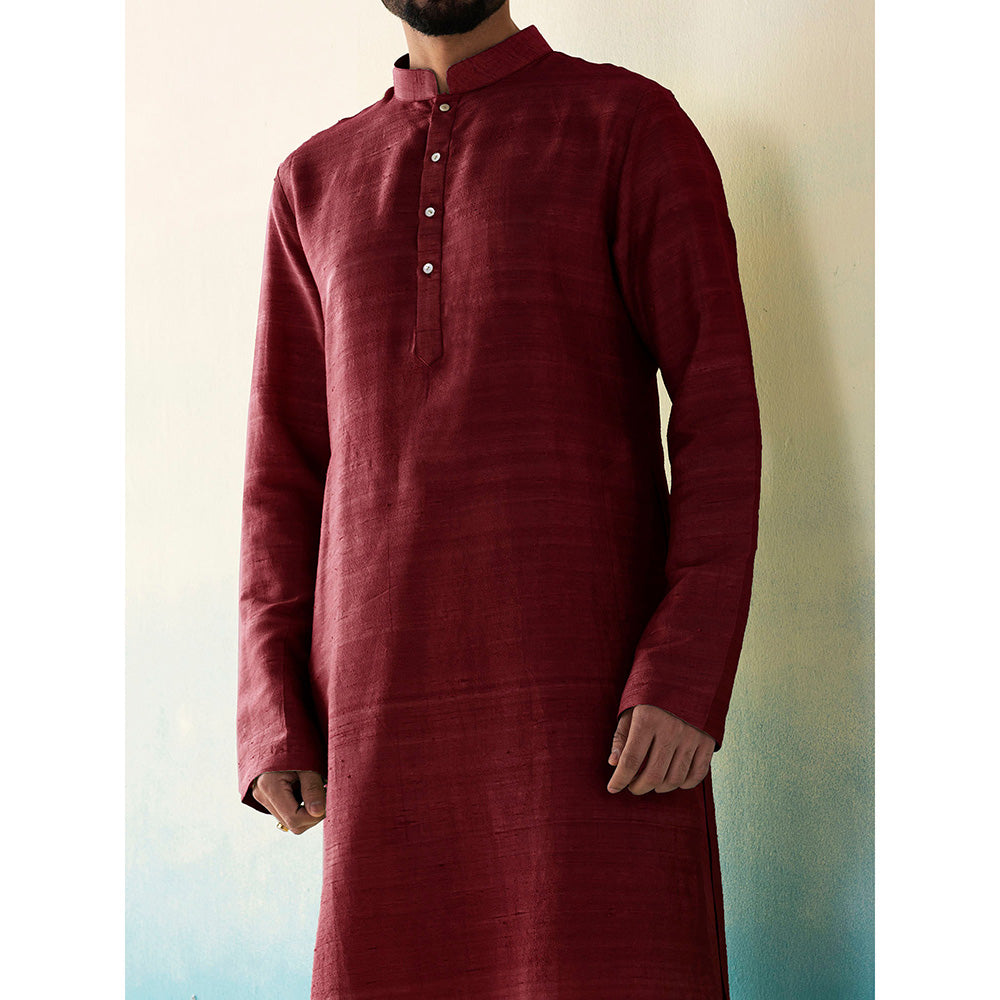 WeaverStory Classic Raw Silk Maroon Kurta with Pant (Set of 2)