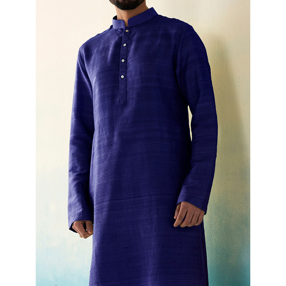 WeaverStory Classic Raw Silk Indigo Kurta with Pant (Set of 2)