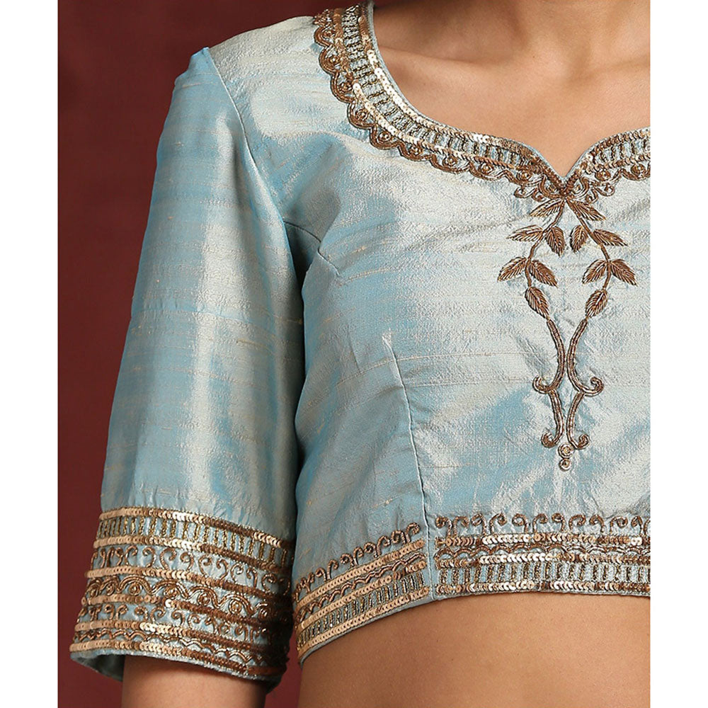 WeaverStory Light Aqua Raw Silk Blouse Hand Embroidered Zardozi Blouse