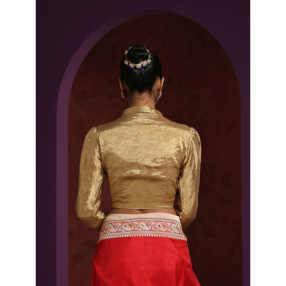 WeaverStory Handcrafted Asymmetrical Collared V- Neck Gold Tissue Blouse