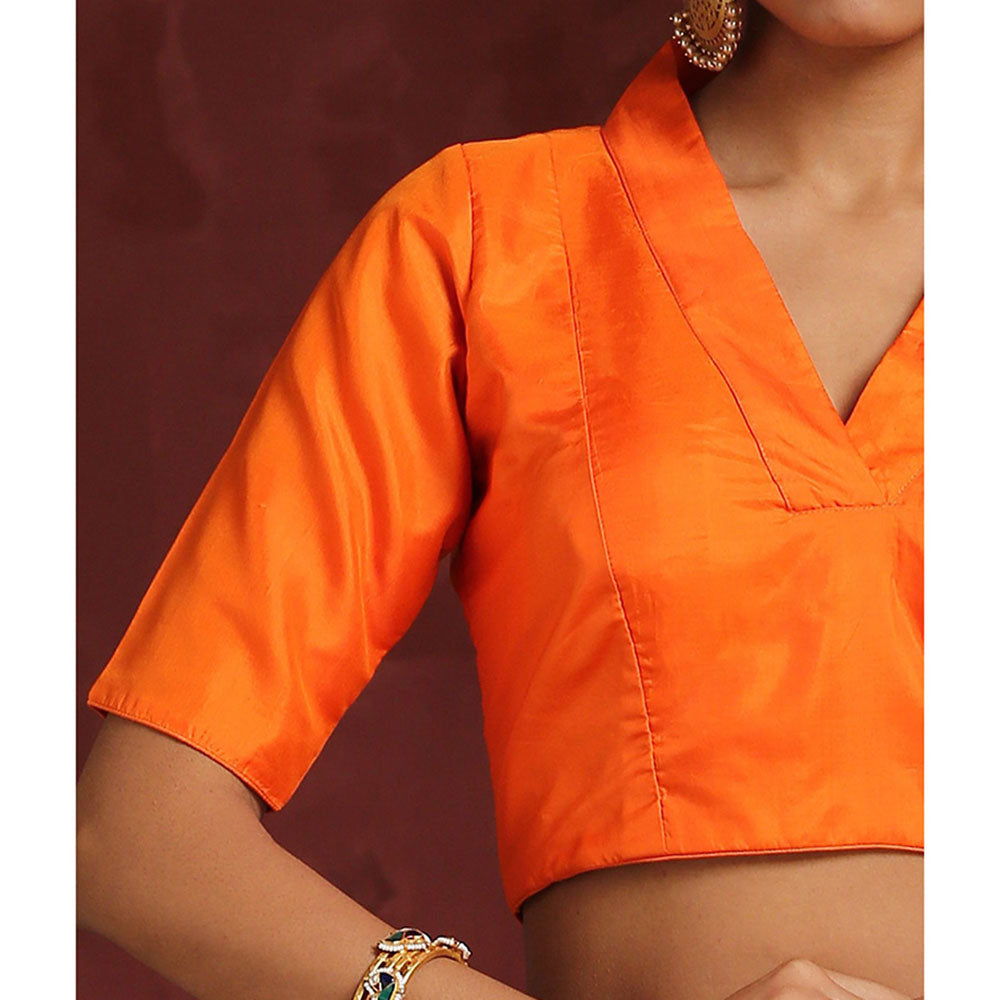 WeaverStory Handcrafted Orange Pure Silk Blouse with Collared V-Neckline