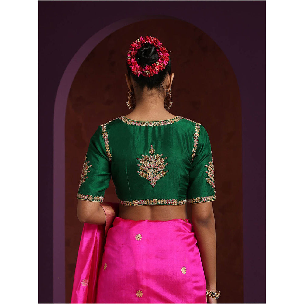 WeaverStory Handcrafted Green Pure Silk Blouse with Gota Patti and Zardozi Work