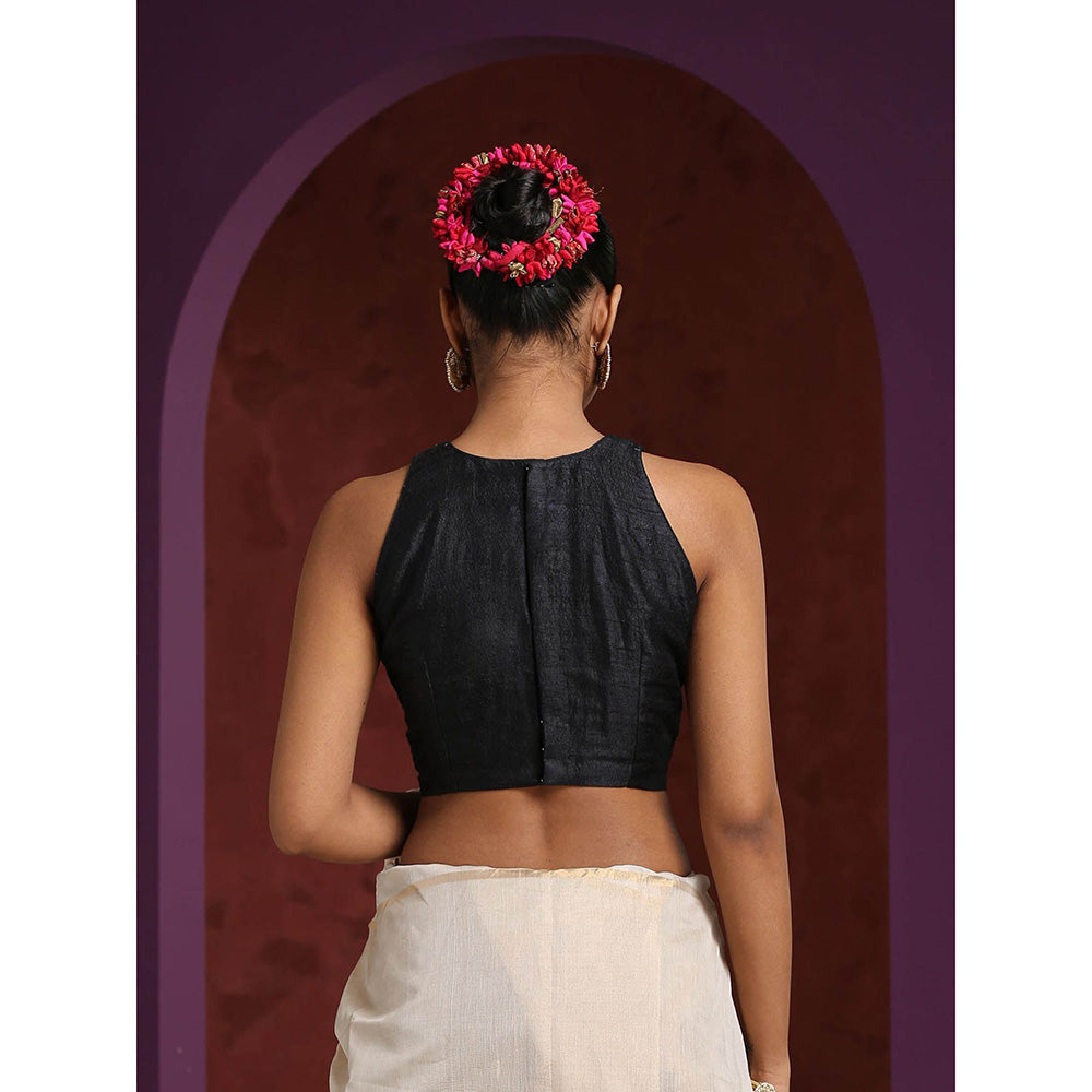 WeaverStory Handcrafted Black Raw Silk Zardozi Blouse