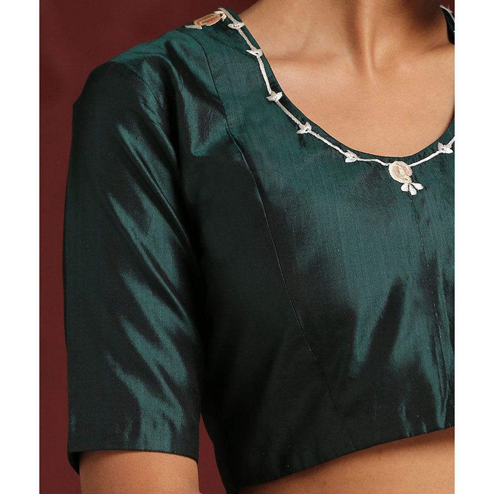WeaverStory Green Mushroo Silk Hand Embroidered Zardozi Blouse