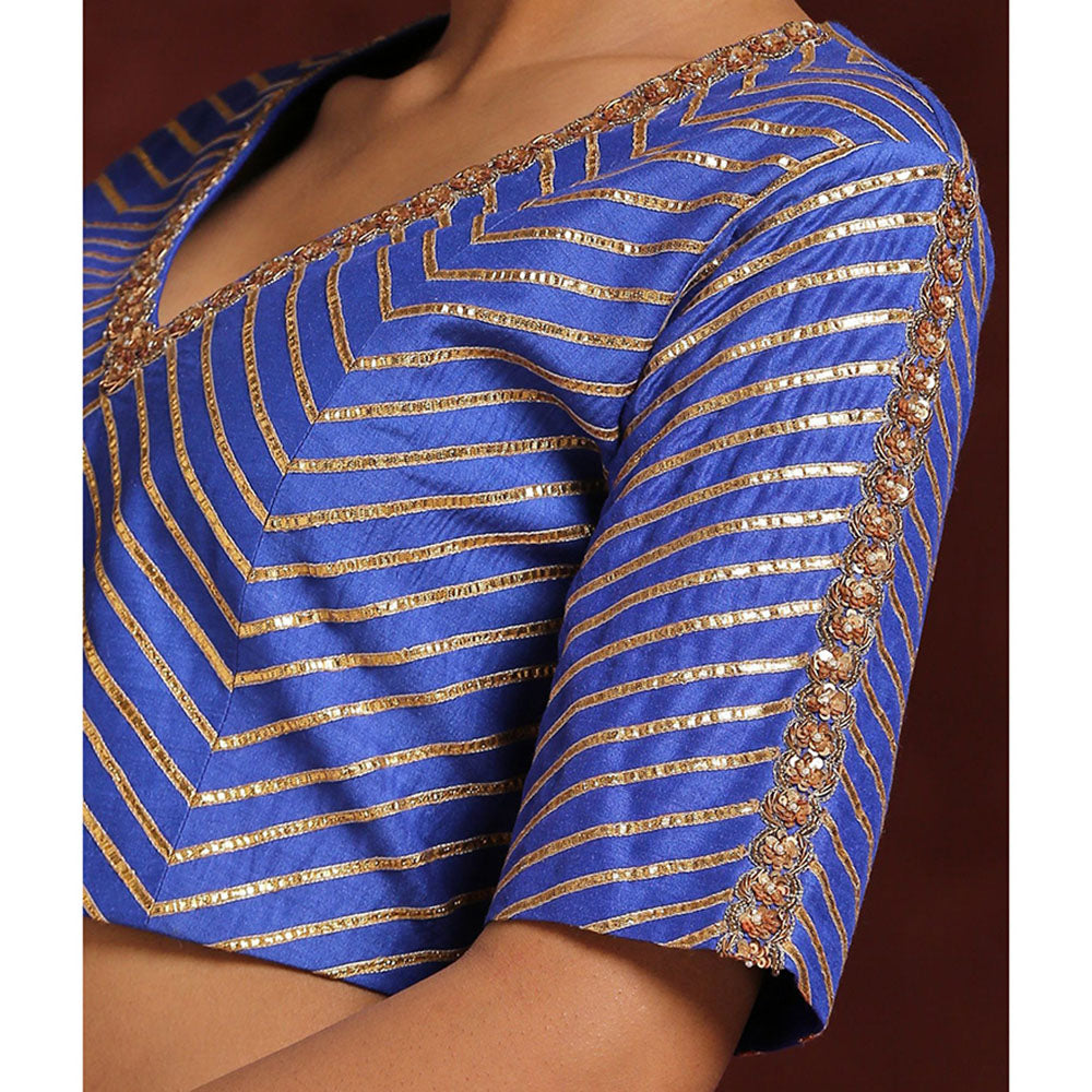 WeaverStory Handcrafted Blue Moonga Silk Blouse with Gota Patti and Zardozi Work