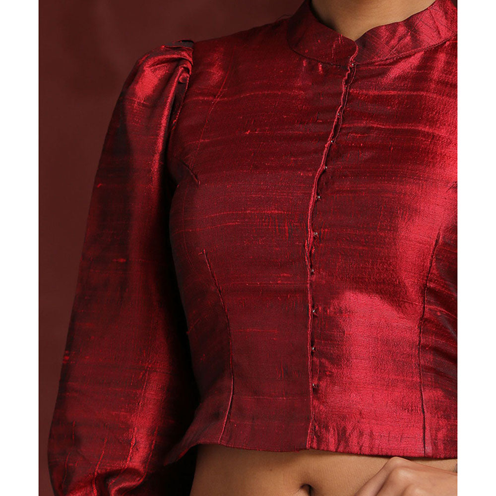 WeaverStory Handcrafted Maroon Raw Silk with Puff Sleeves