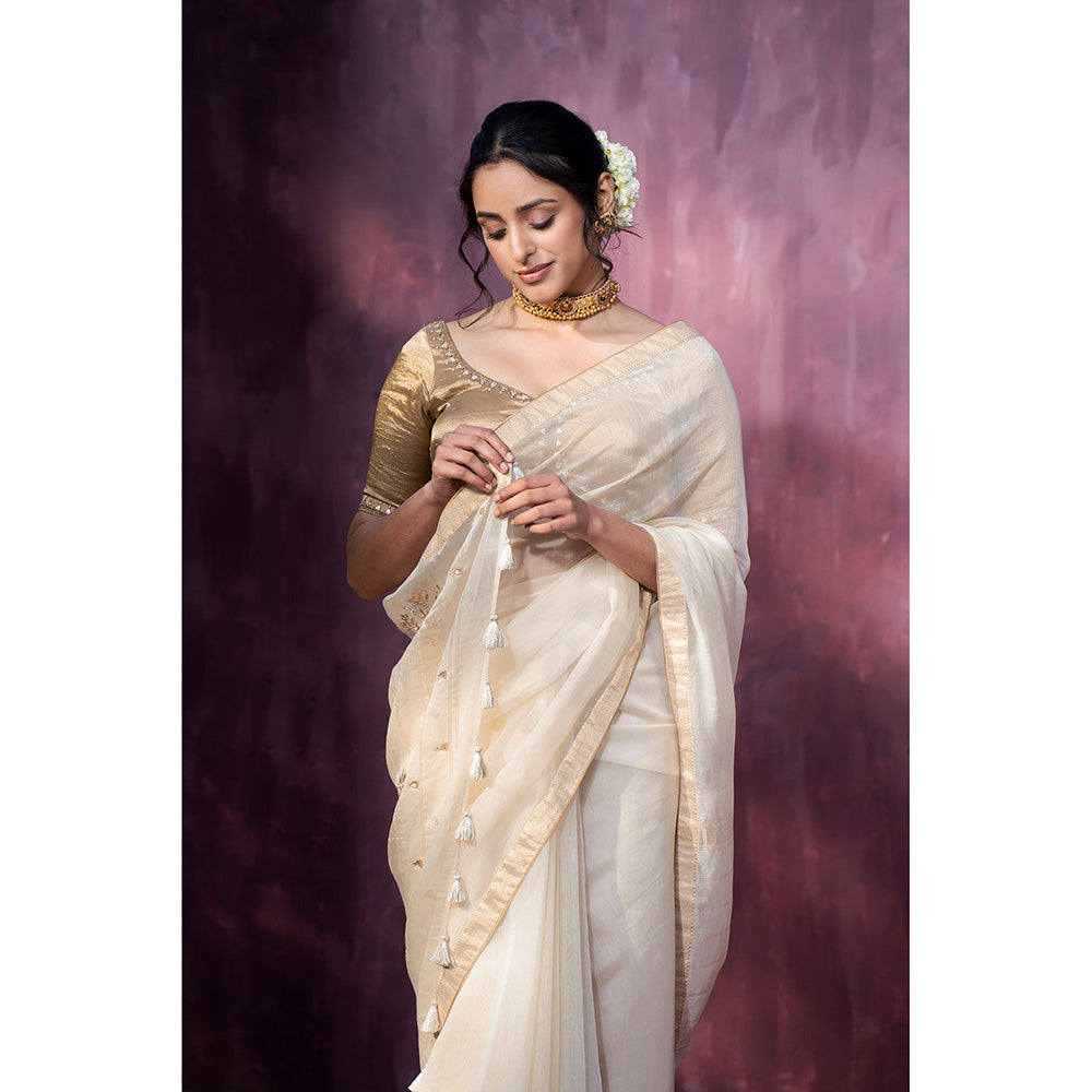 WeaverStory Off White Handloom Maheshwari Saree with Gota Patti Motifs On Pallu