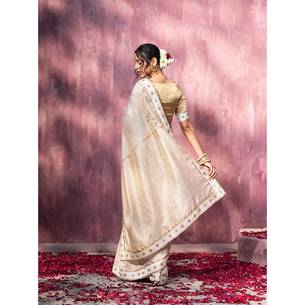 WeaverStory Off White Handloom Chanderi Saree with Gota Patti and Hand Embroidery