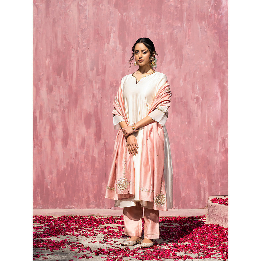 WeaverStory Handloom Pink Chanderi Silk Gota Patti Scalloped Suit with Dupatta (Set of 3)